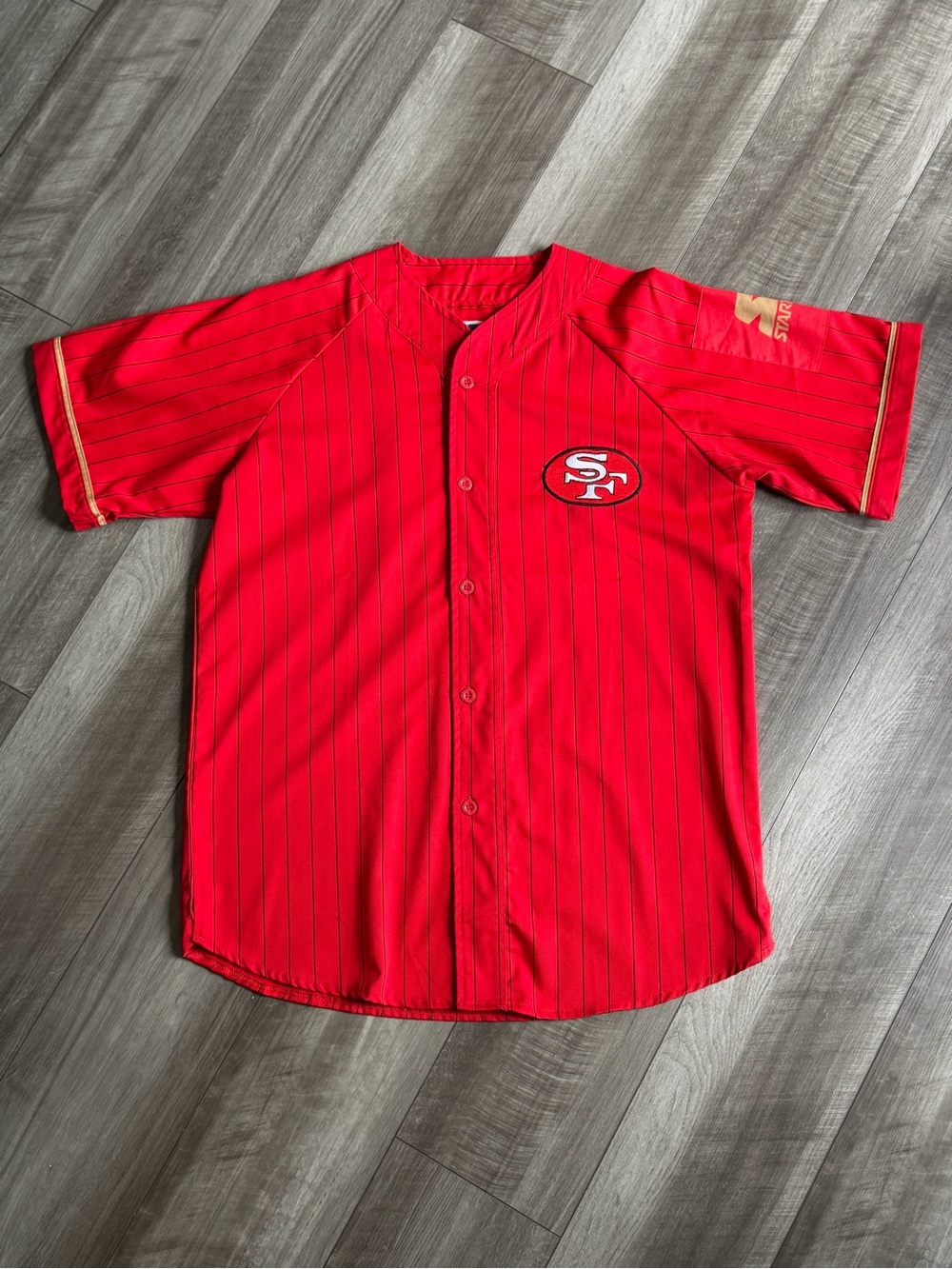 Vintage 90s San Francisco 49ers Starter Red Gold Button-Up Pinstripe Jersey Sz L